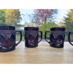 VINTAGE Ruby Red Mugs Luminarc Cristal D'arques France Cup Coffee Tea~ Set Of 4